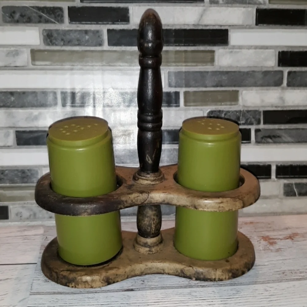 Vintage 1970s wooden frame green salt and pepper